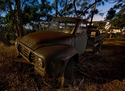 old Bedford truck shot under a full moon